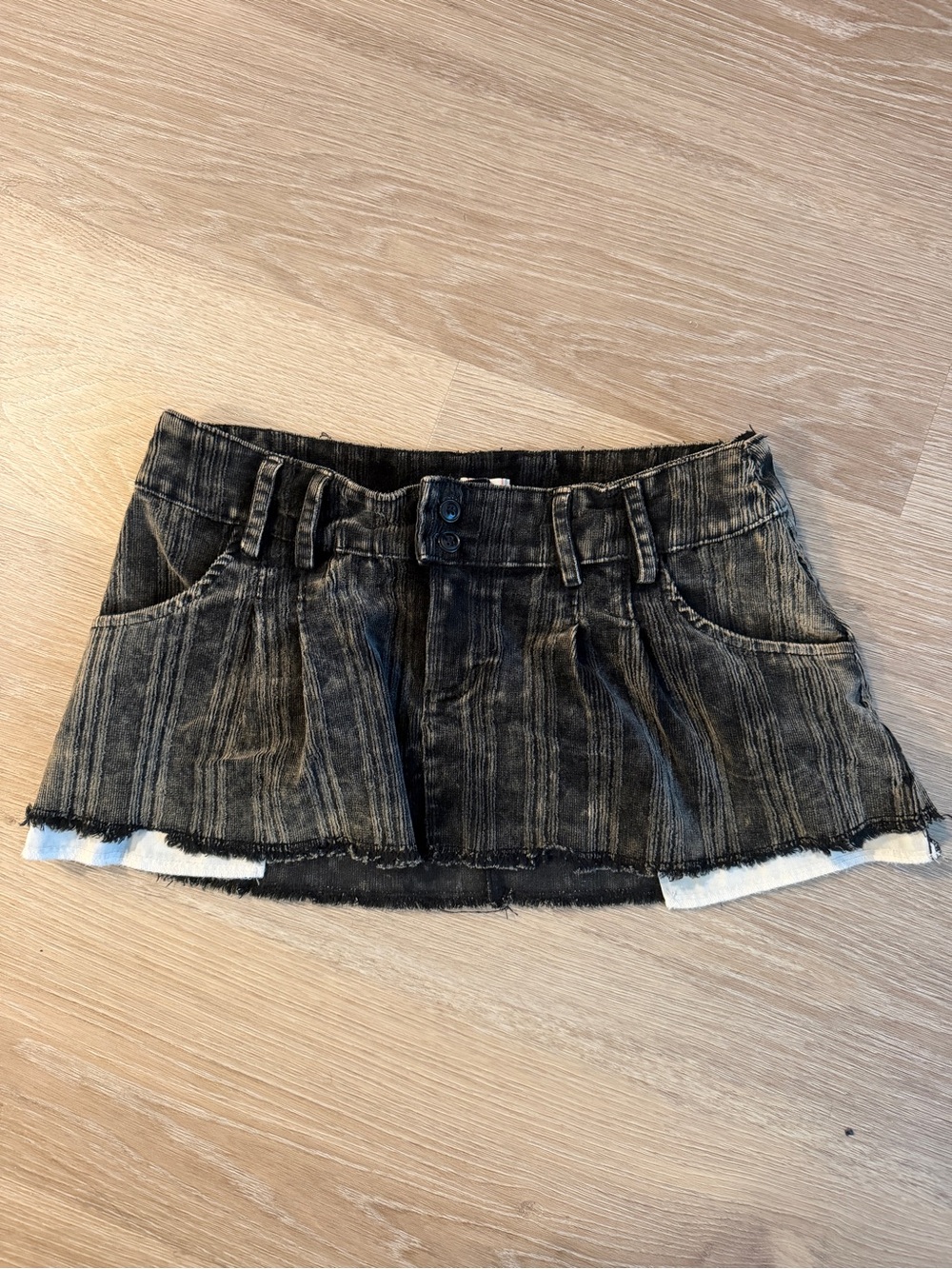 Washed Black Mini corduroy Skirt with Frayed Hem